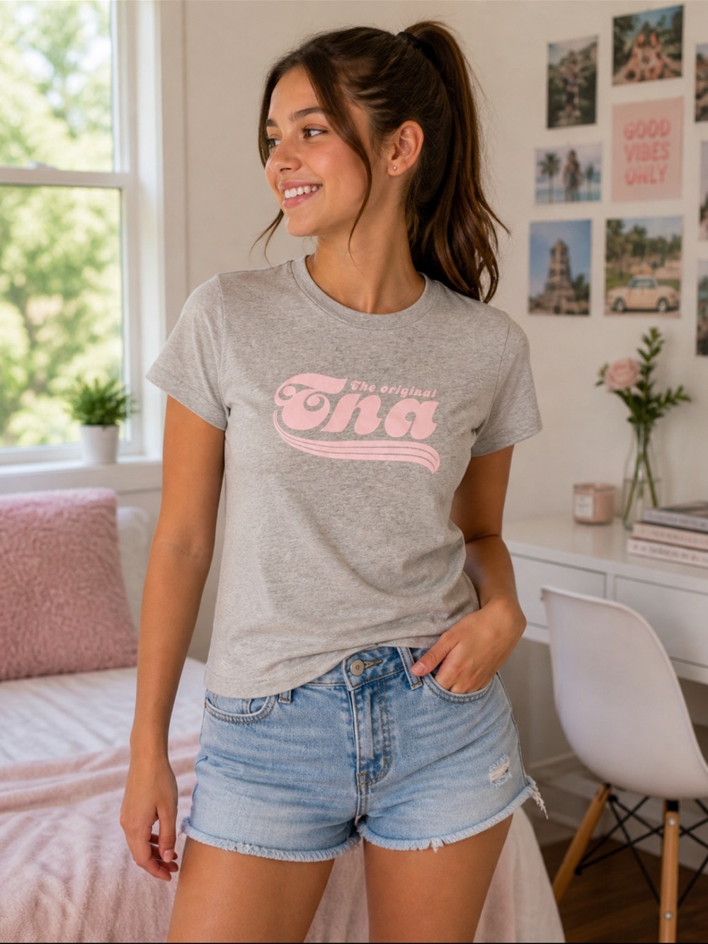 TNA Grey T-Shirt with Pink Logo